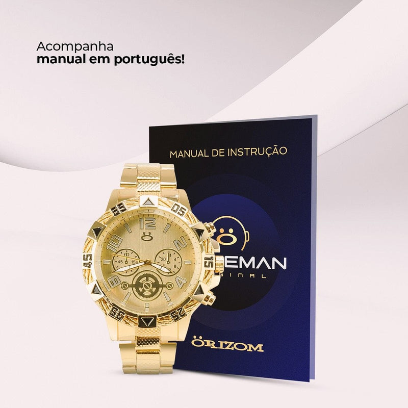 Relogio + masculino banhado dourado aço inox personalizado o