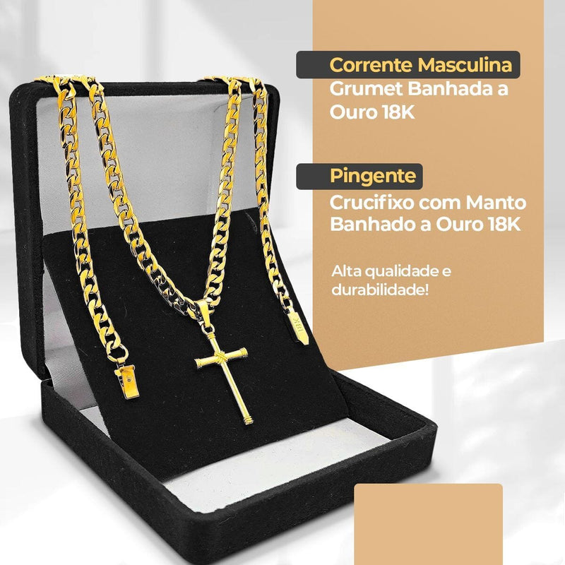 Relogio masculino dourado + cordão crucifixo + pulseira