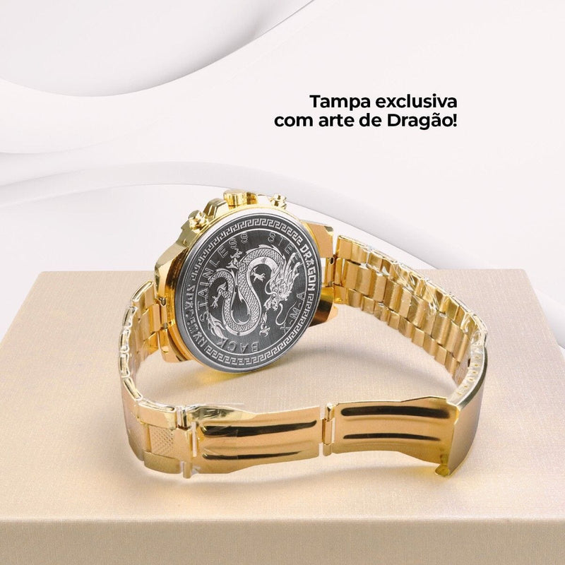 Relogio masculino dourado grande aço inox original + caixa