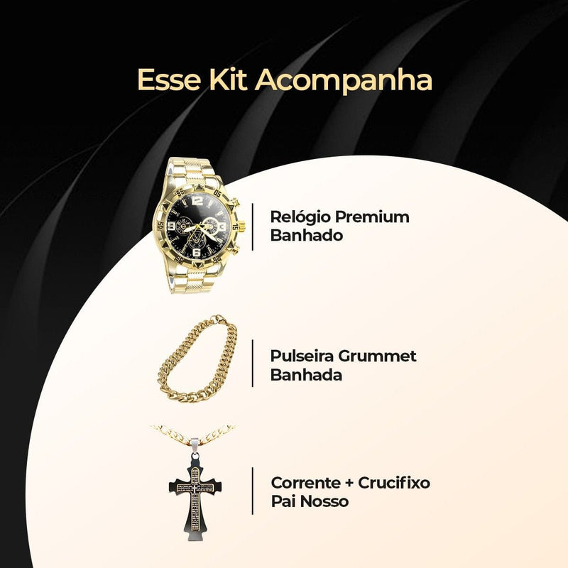 Relogio masculino dourado + pulseira cruz corrente grumet