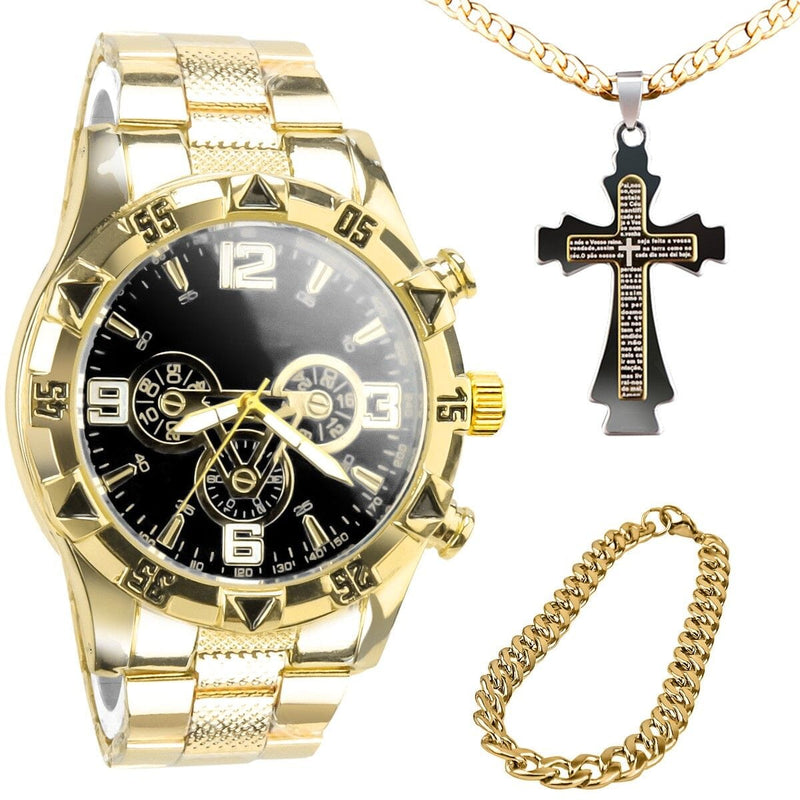 Relogio masculino dourado + pulseira cruz corrente grumet