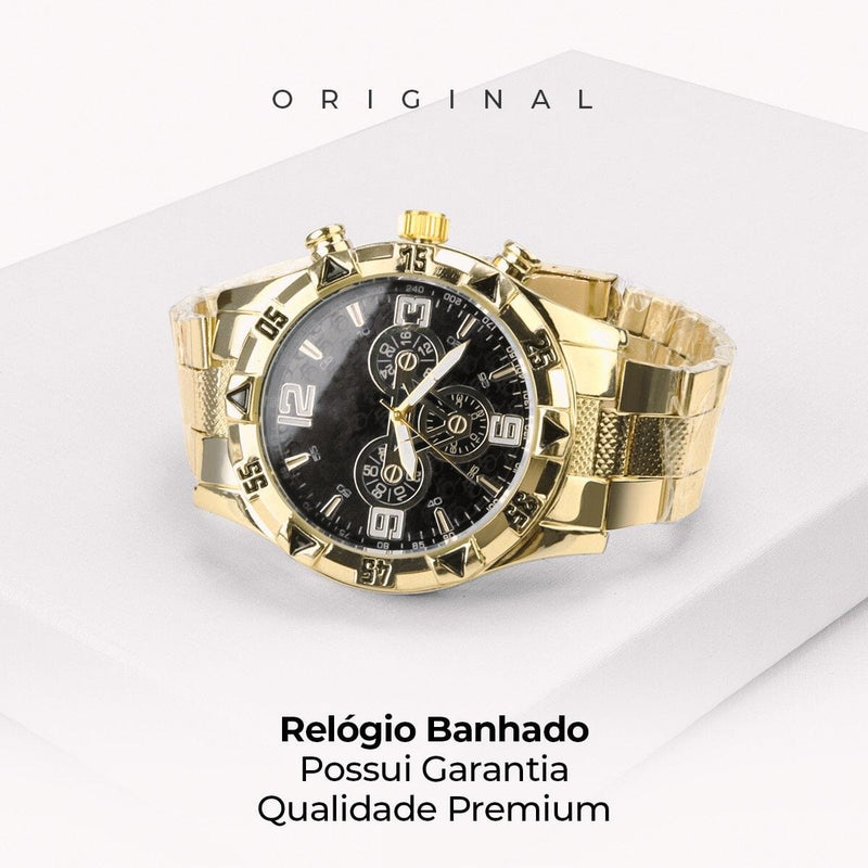 Relogio masculino dourado + pulseira cruz corrente grumet