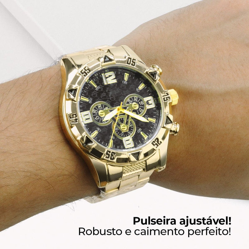 Relogio masculino dourado + pulseira cruz corrente grumet