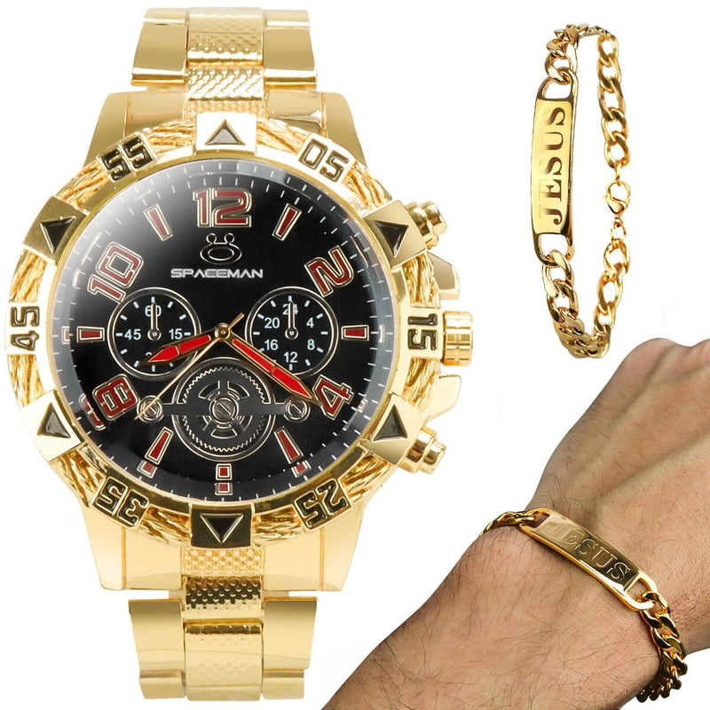 Relogio masculino dourado pulseira jesus preto analogico