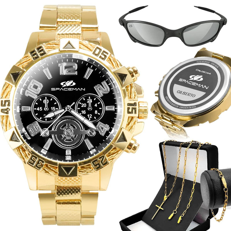 relogio masculino dourado + pulseira + oculos sol religioso casual qualidade premium ouro original