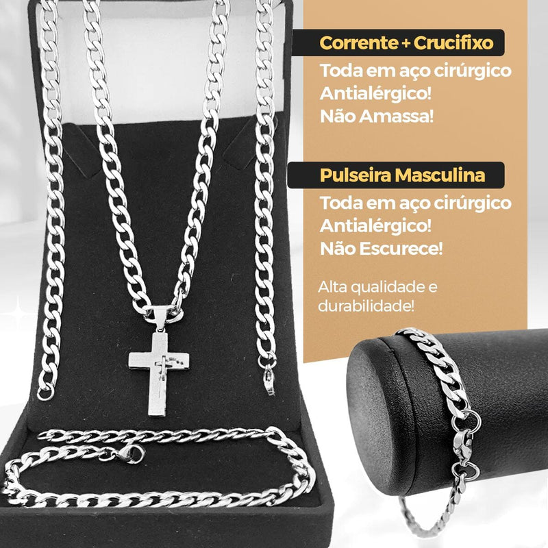 Relogio masculino prata + cordão grumet + caixa + pulseira