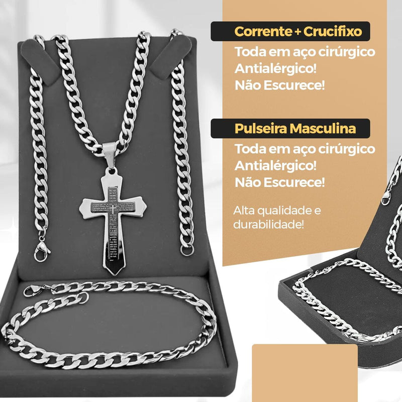 Relogio masculino prateado + pulseira + cordão prata grumet