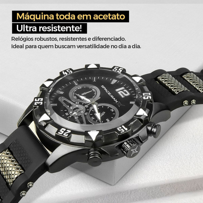 Relogio masculino preto + cordão prata grumet + pulseira