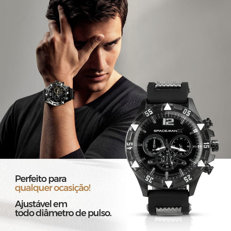 Relogio masculino preto + cordão prata grumet + pulseira