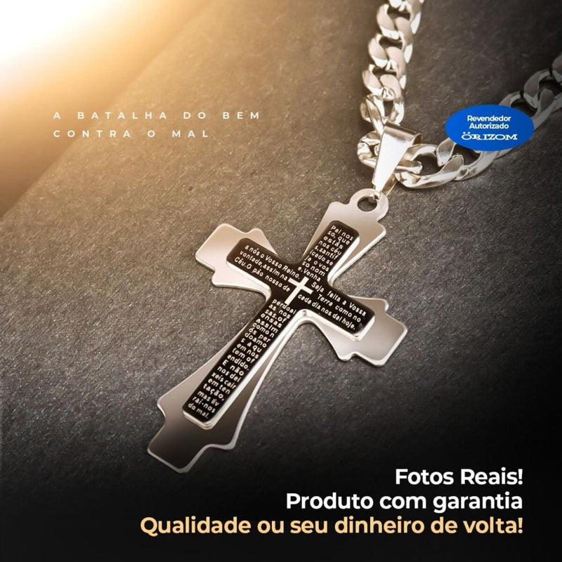 Relogio masculino silicone aço + cordão grumet crucifixo