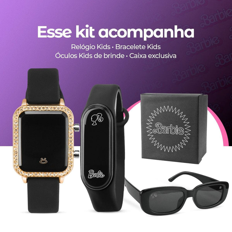 Relogio preto digital infantil strass + caixa + oculos sol