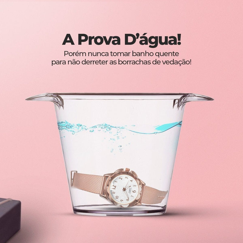 Relogio prova dagua feminino + relogio aço inox silicone silicone ajustavel resistente rose social