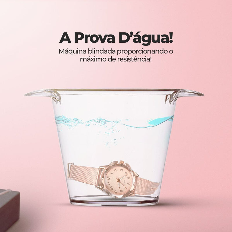 Relogio prova dagua feminino + relogio aço inox silicone silicone ajustavel resistente rose social